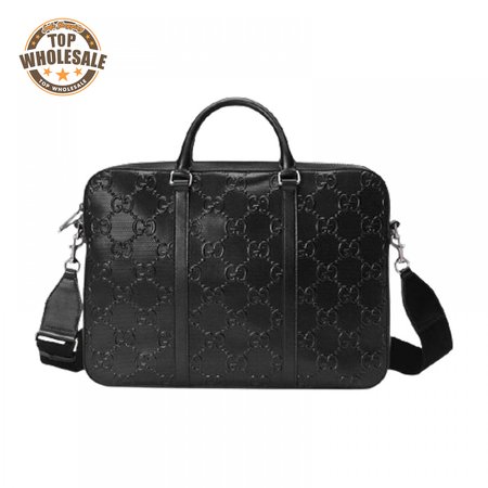Gucci GG Embossed Briefcase Black Leather Cotton Linen Lining - GBC005