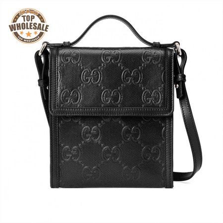 GG EMBOSSED MESSENGER BAG BLACK GG EMBOSSED LEATHER COTTON LINEN LINING - GBC07