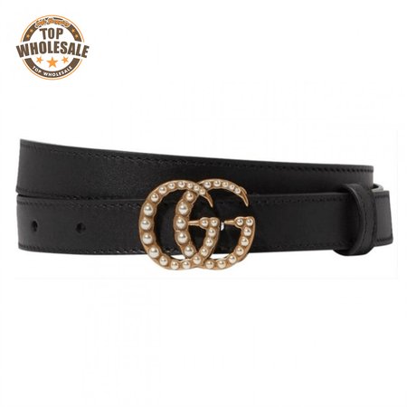 GUCCI BLACK FAUX PEARL-EMBELLISHED LEATHER BELT - B44