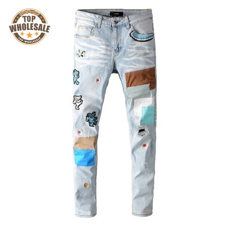 Amiri Bear Patch Rip Jeans Light Blue
