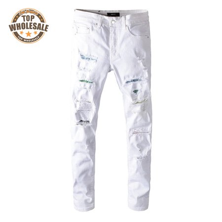 Amiri Rhinestone Rip Jeans White